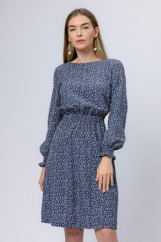Платье синее в мелкий горошек и длинными рукавами 1001 DRESS