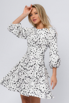 Платье белое с принтом и узлом на талии с объемными рукавами 1001 DRESS