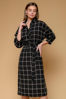 Платье-рубашка в клетку длины миди с отложным воротником и поясом 1001 DRESS