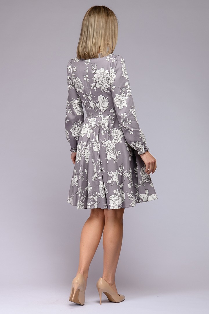 Фото товара 21109, серое платье с цветочным принтом и с пышными рукавами