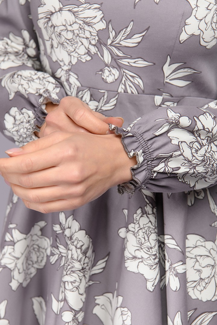 Фото товара 21111, серое платье с цветочным принтом и с пышными рукавами