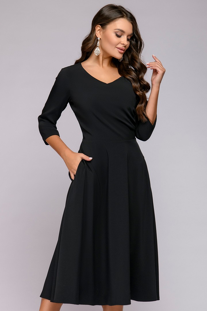 Фото товара 21124, черное платье миди с расклешенной юбкой