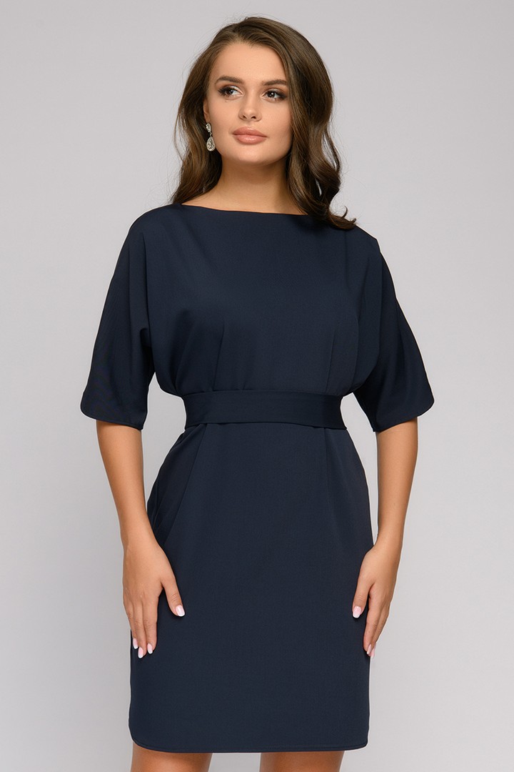 Фото товара 21194, платье темно-синее с поясом и рукавом 