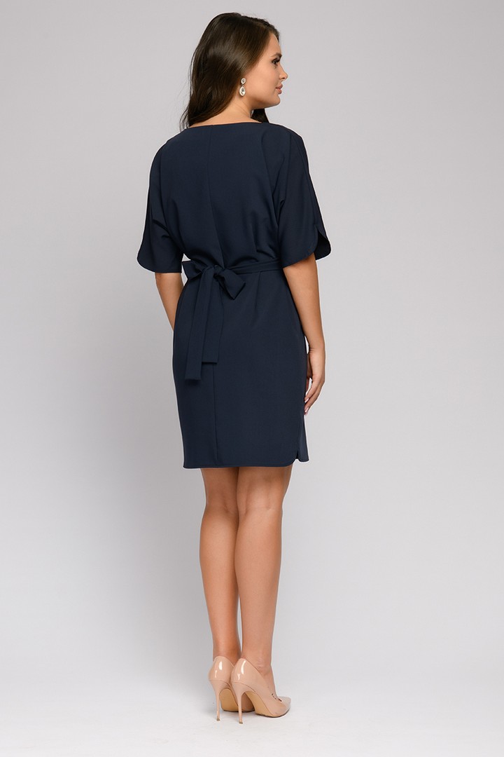 Фото товара 21196, платье темно-синее с поясом и рукавом 