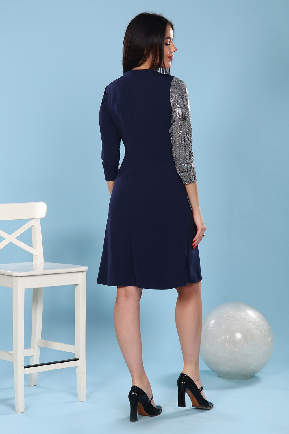 Фото товара 21700, нарядное синее платье с серебристыми блестками