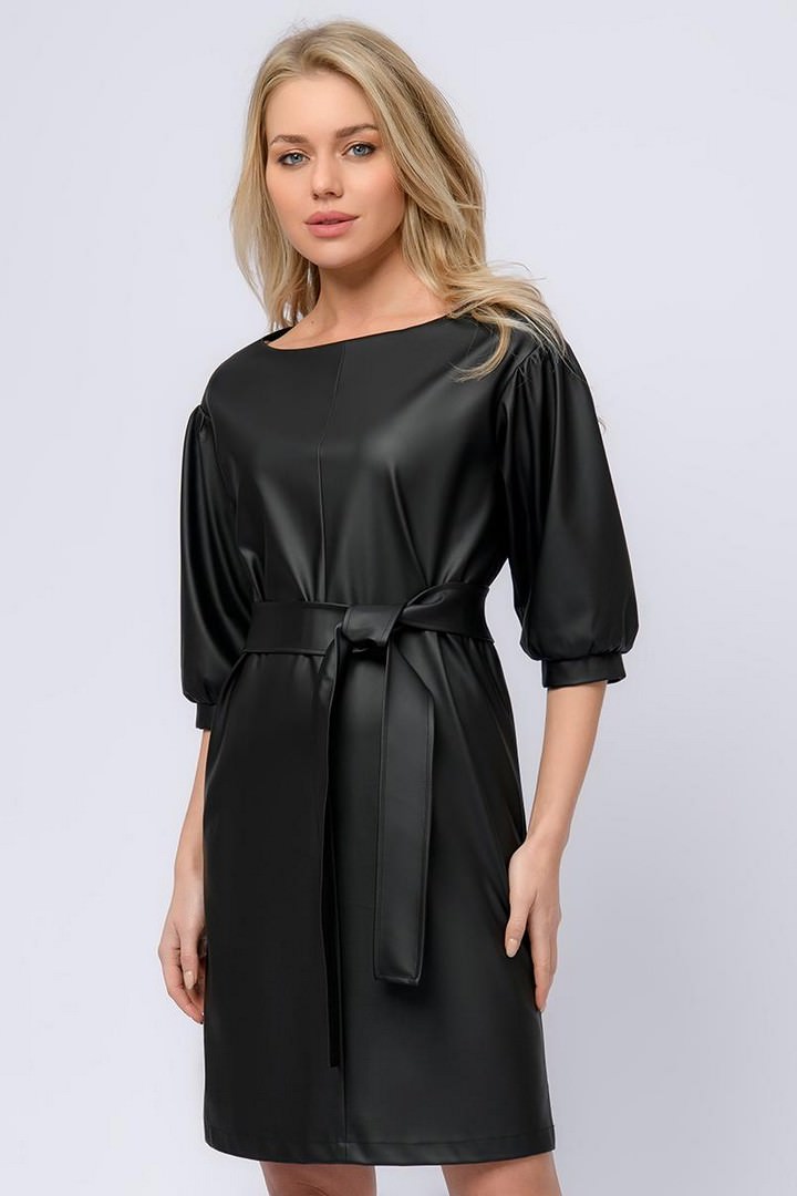 Фото товара 23105, платье черное из искусственной кожи длины мини с объемными рукавами