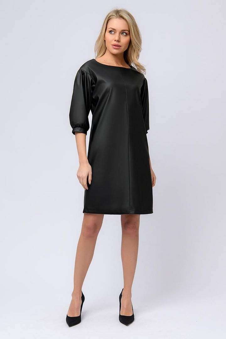 Фото товара 23106, платье черное из искусственной кожи длины мини с объемными рукавами