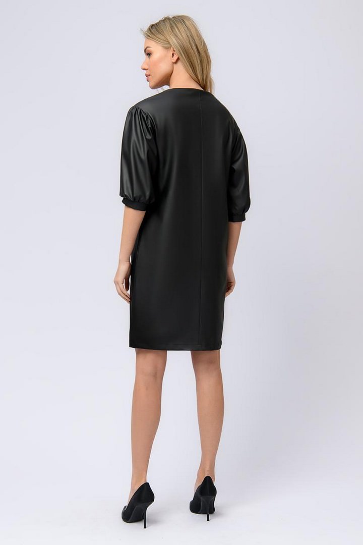 Фото товара 23107, платье черное из искусственной кожи длины мини с объемными рукавами